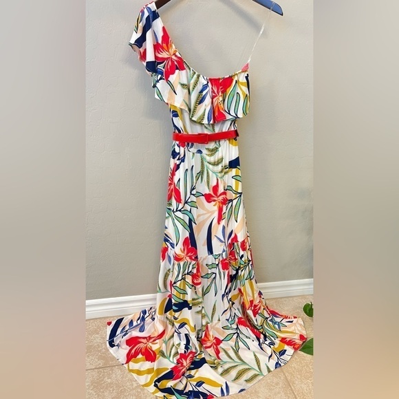 Flying Tomato One shoulder ruffle floral tropical print tiered maxi dress, L - Picture 4 of 15